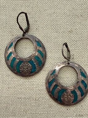 Vintage Turquoise Inlay Silver-Tone Hoop Earrings - Women Jewelry Stamped Mexico